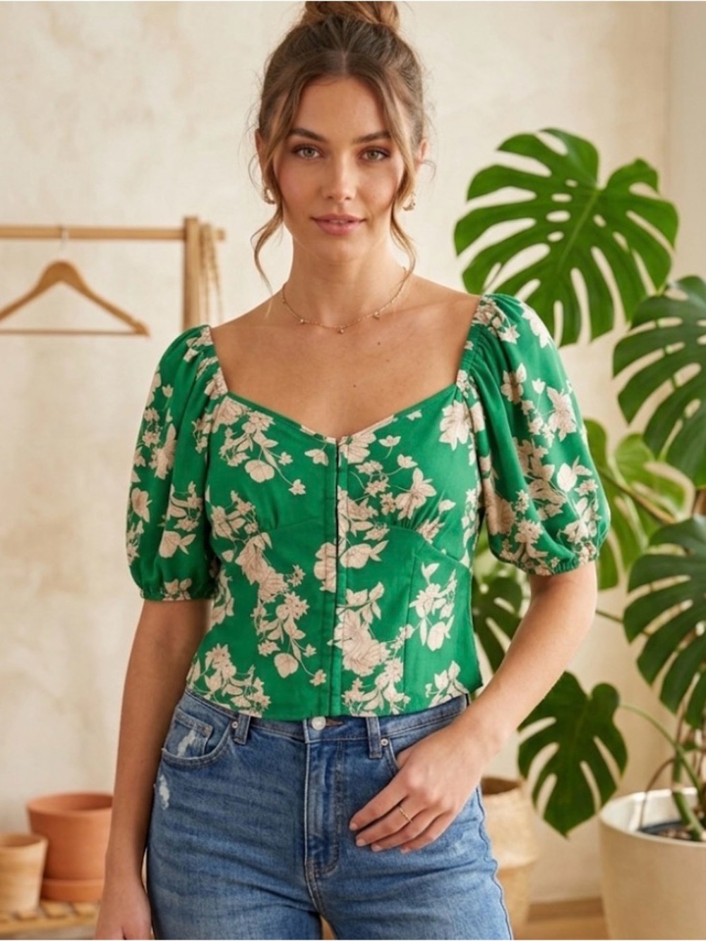 Sienna Sky Green Floral Smocked Corset Top Puff Sleeve Blouse Size Large